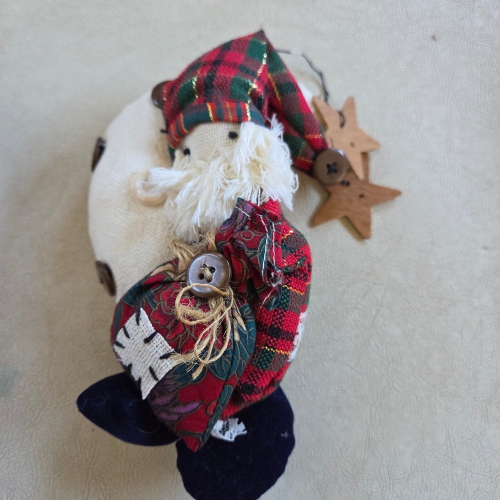 Rustic Christmas Moon Santa Ornament Red Plaid‎ Hat Fabric Wooden Star Holiday